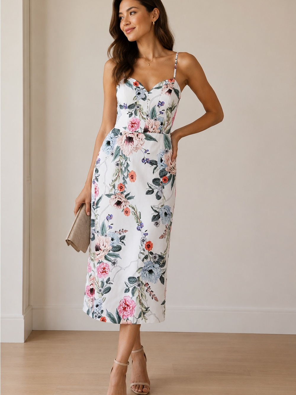 TALULAH White Floral Sweetheart Midi Dress with Pink & Blue Blooms